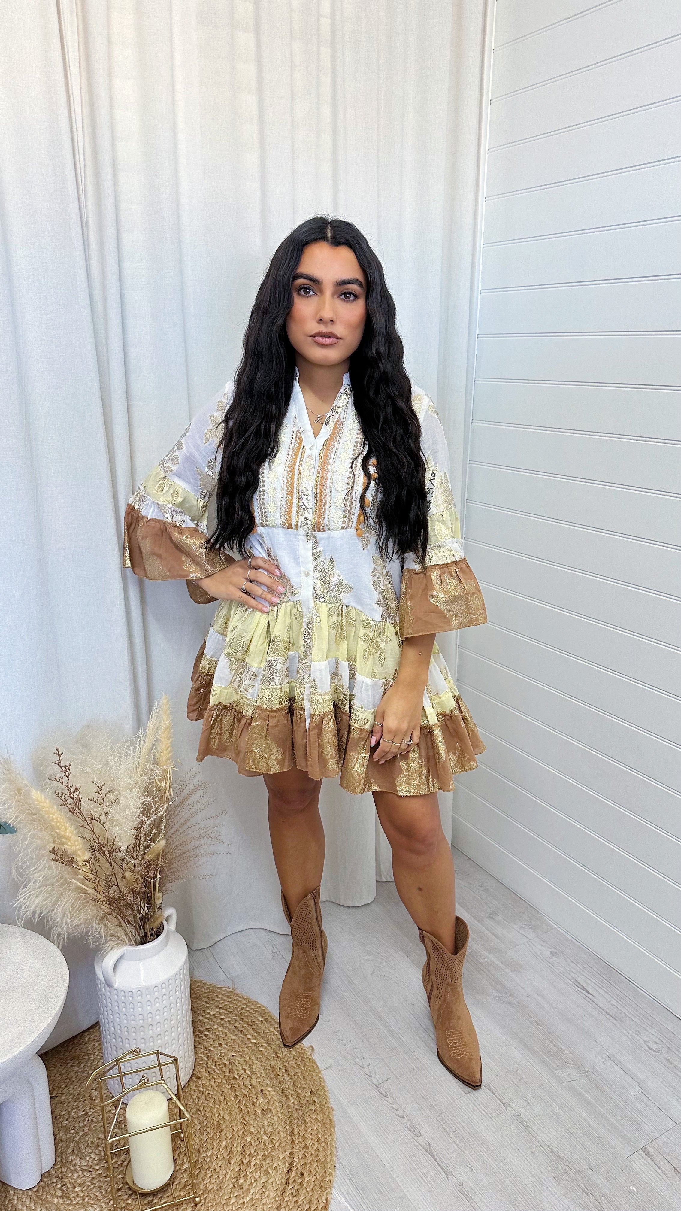 Foil Leaf Beaded Boho Smock Dress - TAN