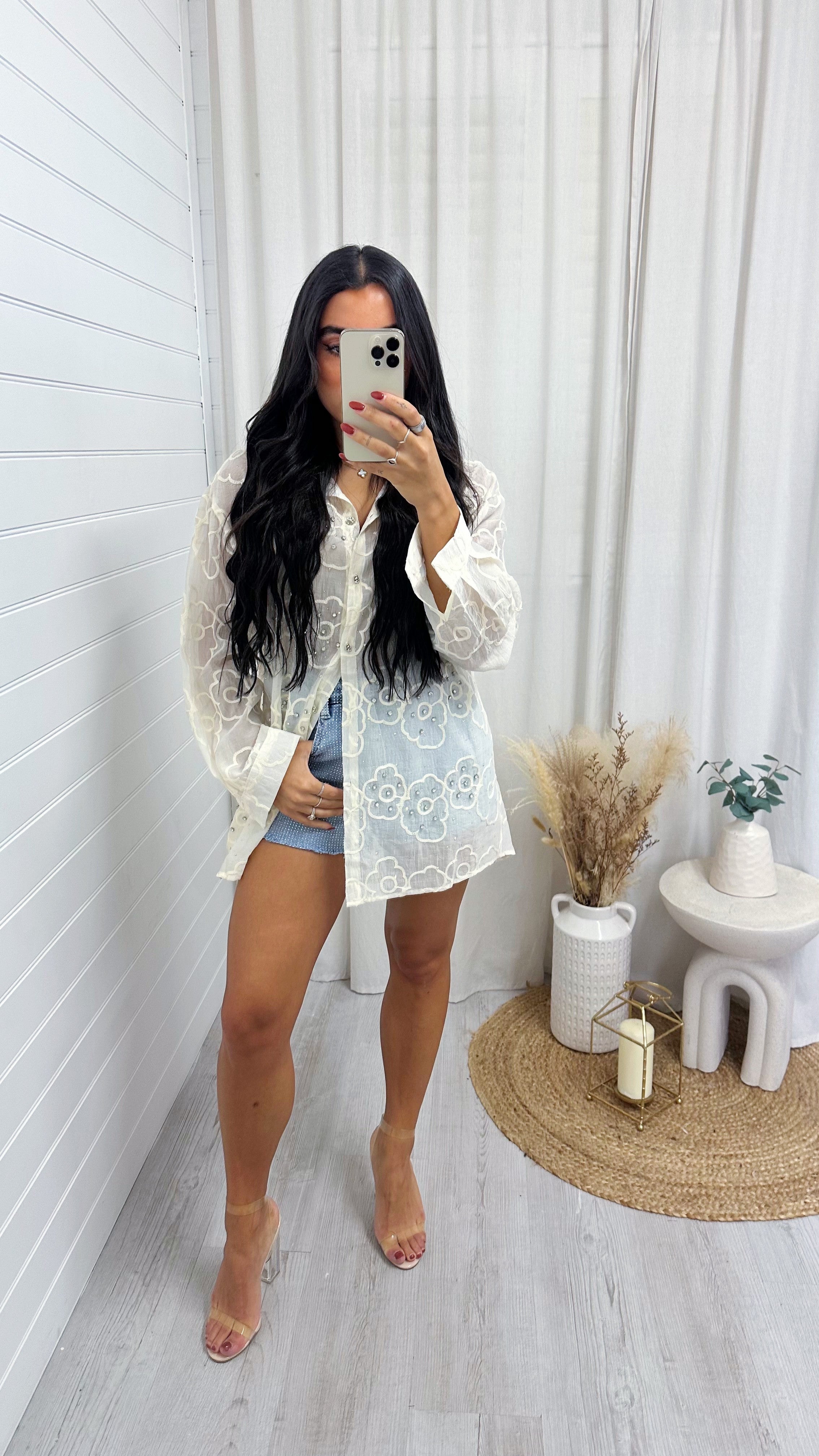 Embroidered Diamante Embellished Sheer Shirt - CREAM