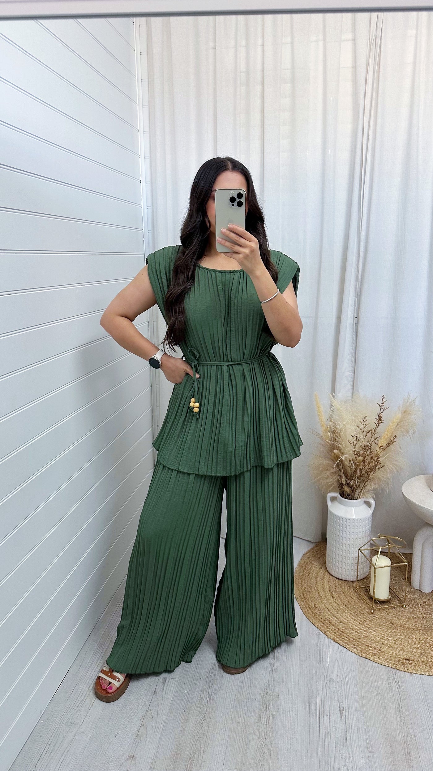 Pleated Tunic and Wide Leg Trousers Co-Ord - KHAKI
