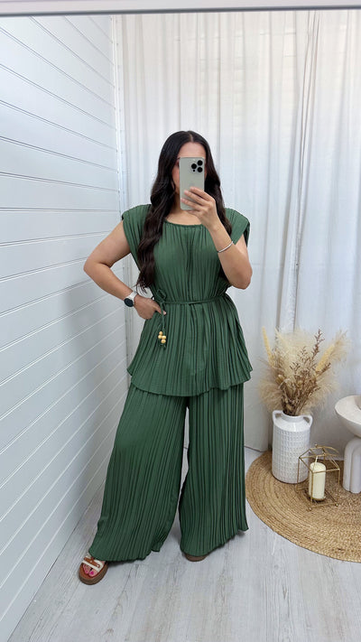 Pleated Tunic and Wide Leg Trousers Co-Ord - KHAKI