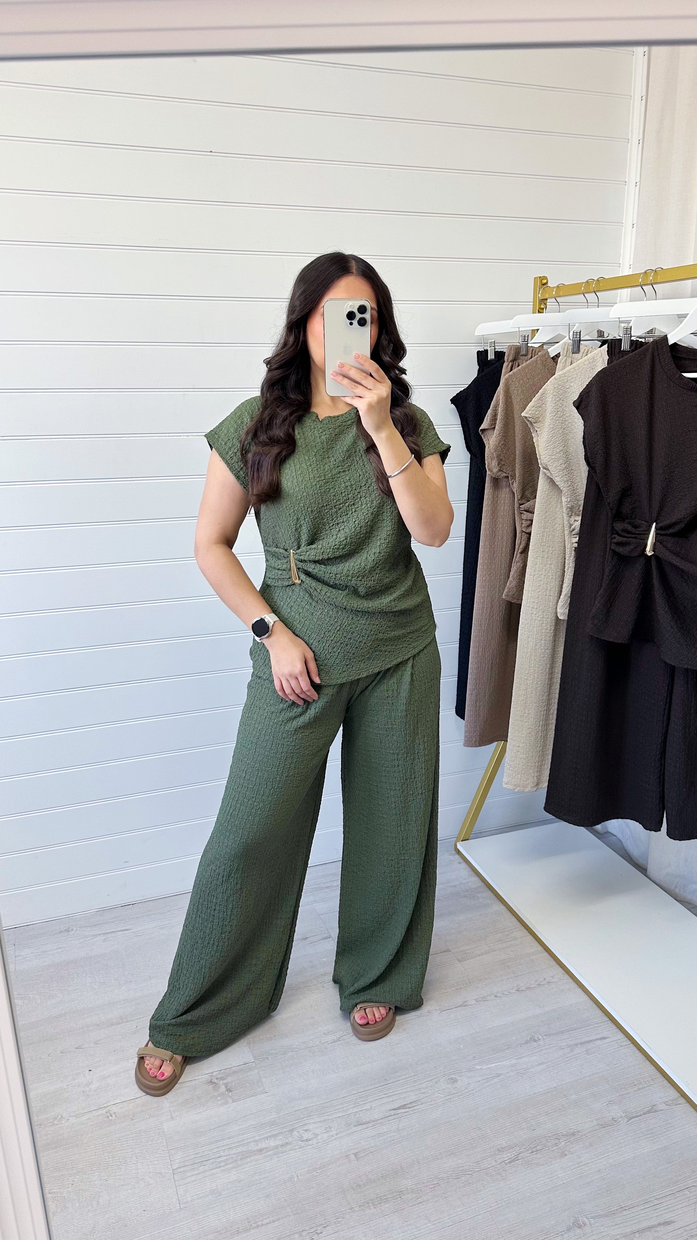 Gold Clasp Ruched Top and Wide Leg Trousers Co-Ord - KHAKI