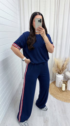 Soft Ribbed Side Strip T-Shirt and Trousers Co-Ord - NAVY