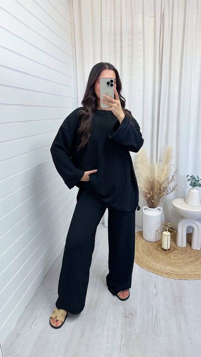 Loose Fit Cheesecloth Long Sleeve Top and Trousers Co-Ord - BLACK