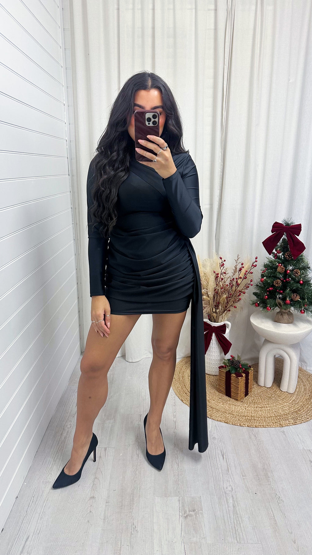 Ruched Front Dress with Sash - BLACK