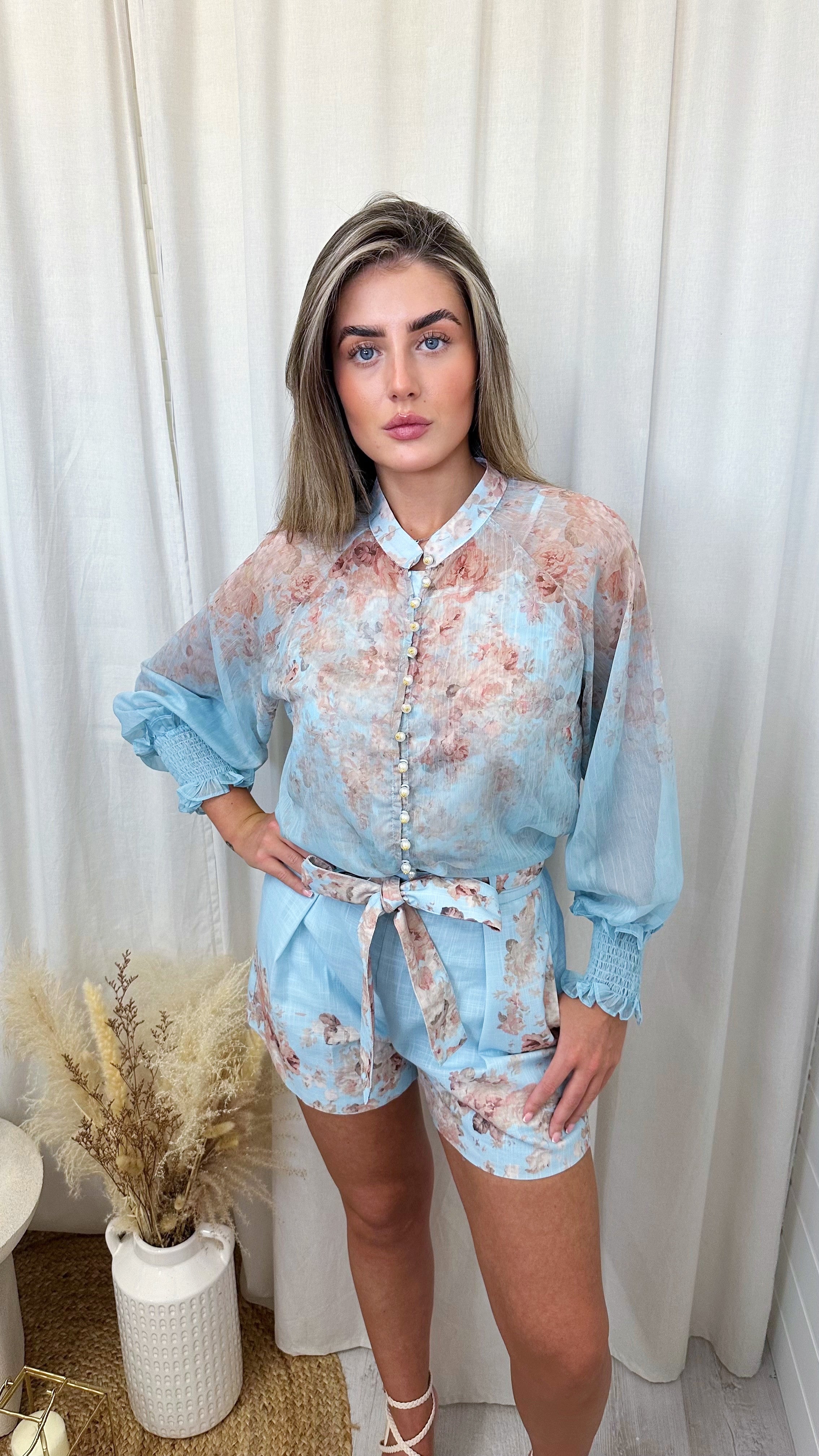 Floral Sheer Shirt and Tailored Shorts Co-Ord - BABY BLUE
