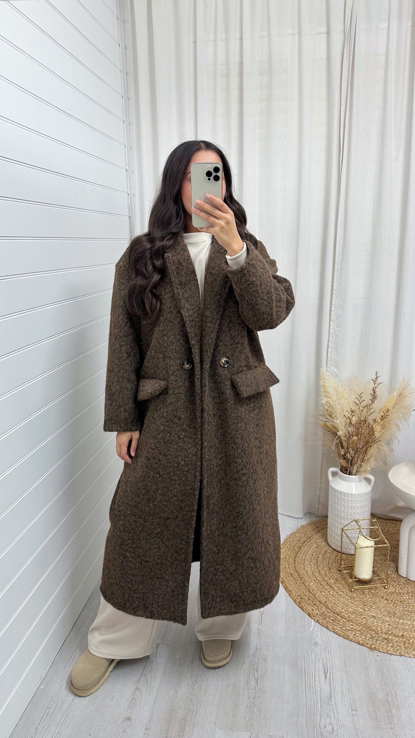 Soft Mohair Duster Coat - BROWN