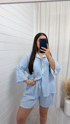 Cheesecloth Pinstripe Shirt and Shorts Co-Ord - BLUE