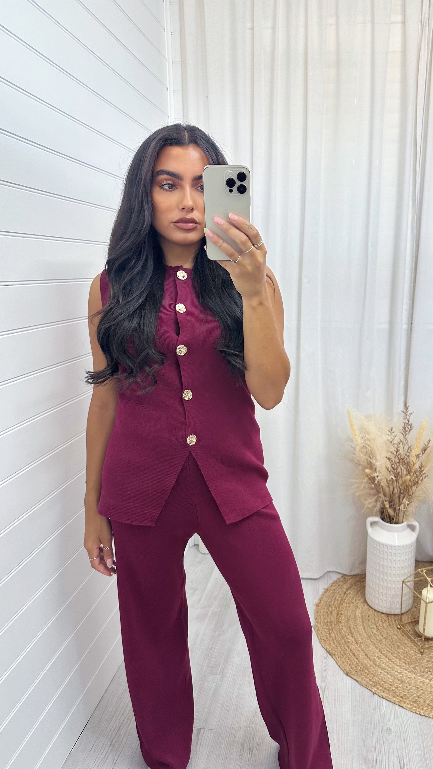 Fine Knit Gold Button Waistcoat and Trousers Co-Ord - WINE