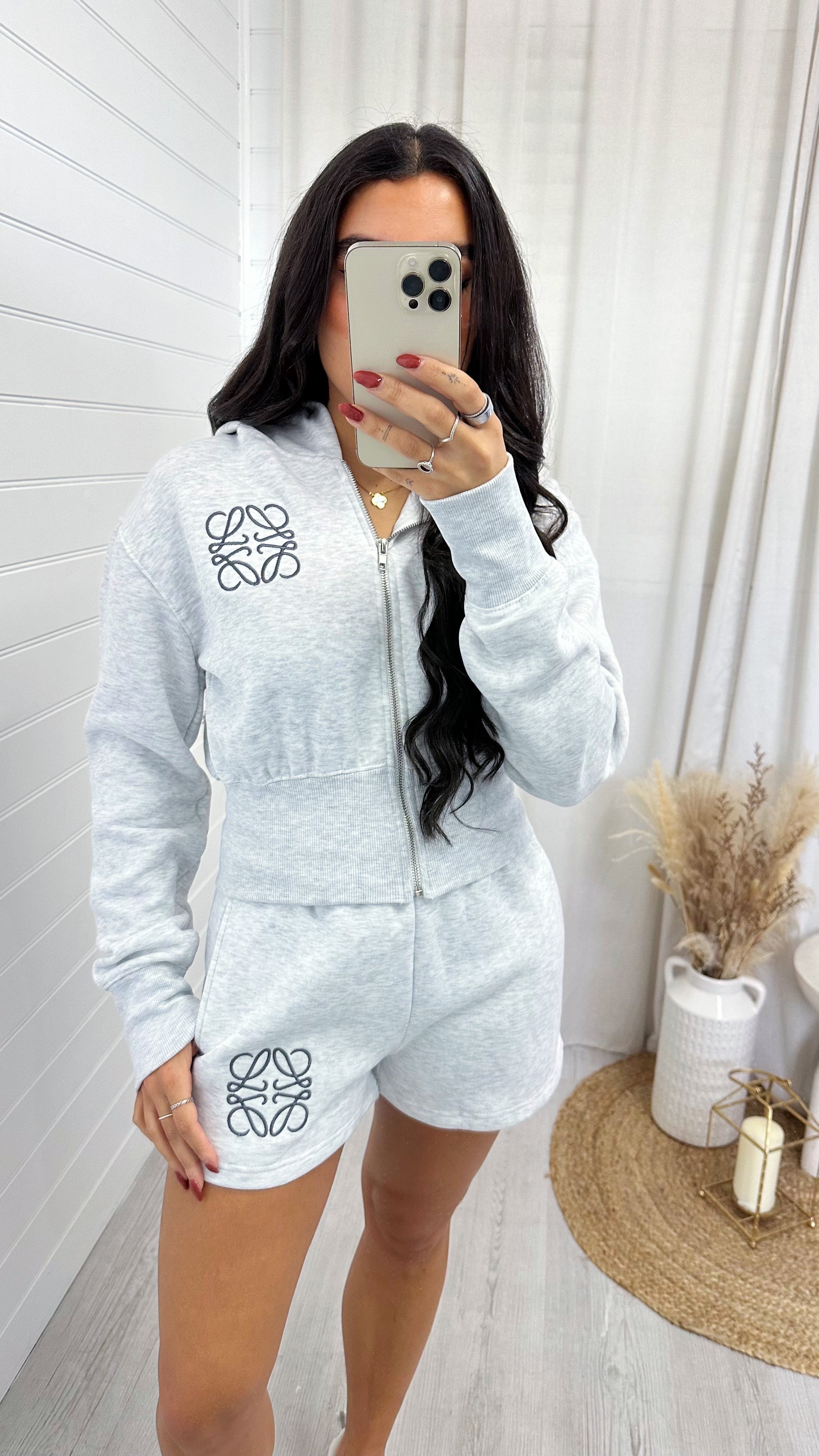 Swirl Monogram Crop Jacket and Shorts Co-Ord - GREY