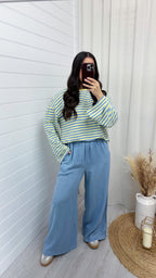 Baggy Stripe Long Sleeve T-Shirt - BABY BLUE/LEMON