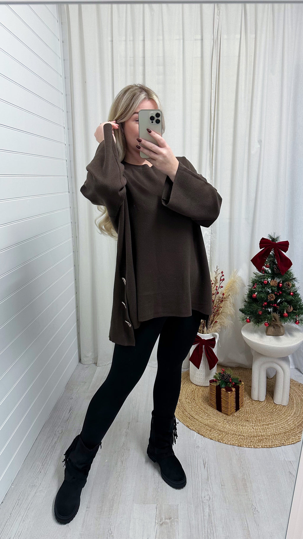 Fine Knitted Gold Button Oversized Jumper - BROWN