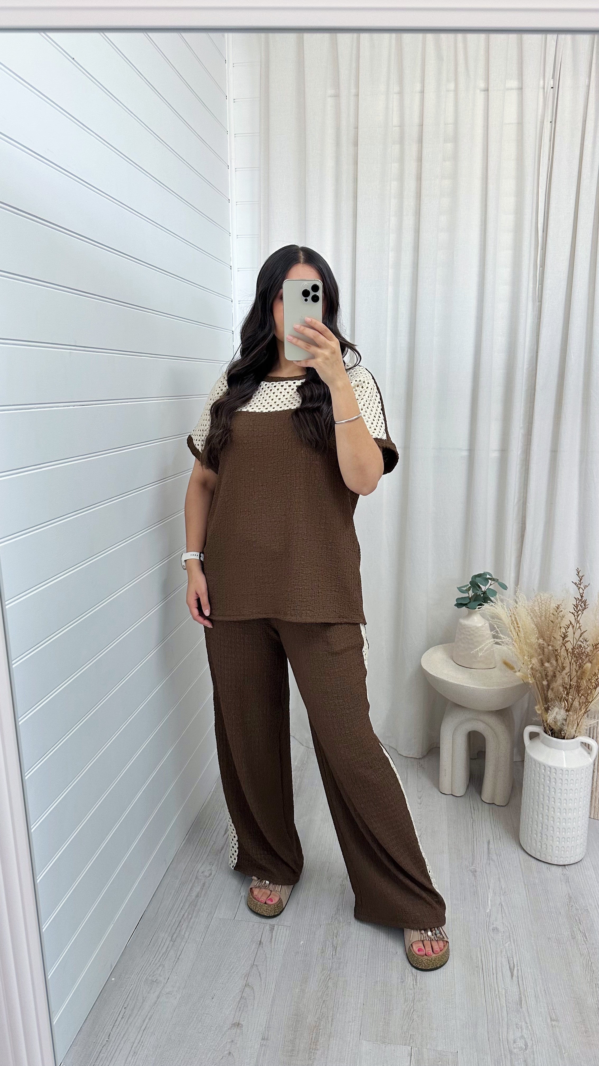 Metallic Mesh T-Shirt and Trouser Co-Ord - LIGHT BROWN