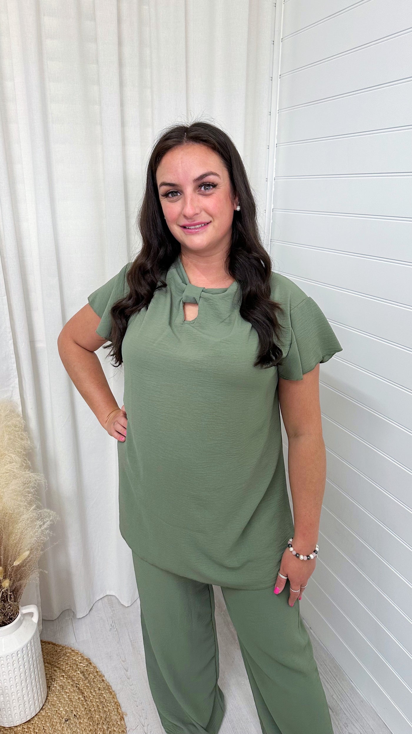 PLUS Short Sleeve Bow Top and Trouser Co-Ord - KHAKI