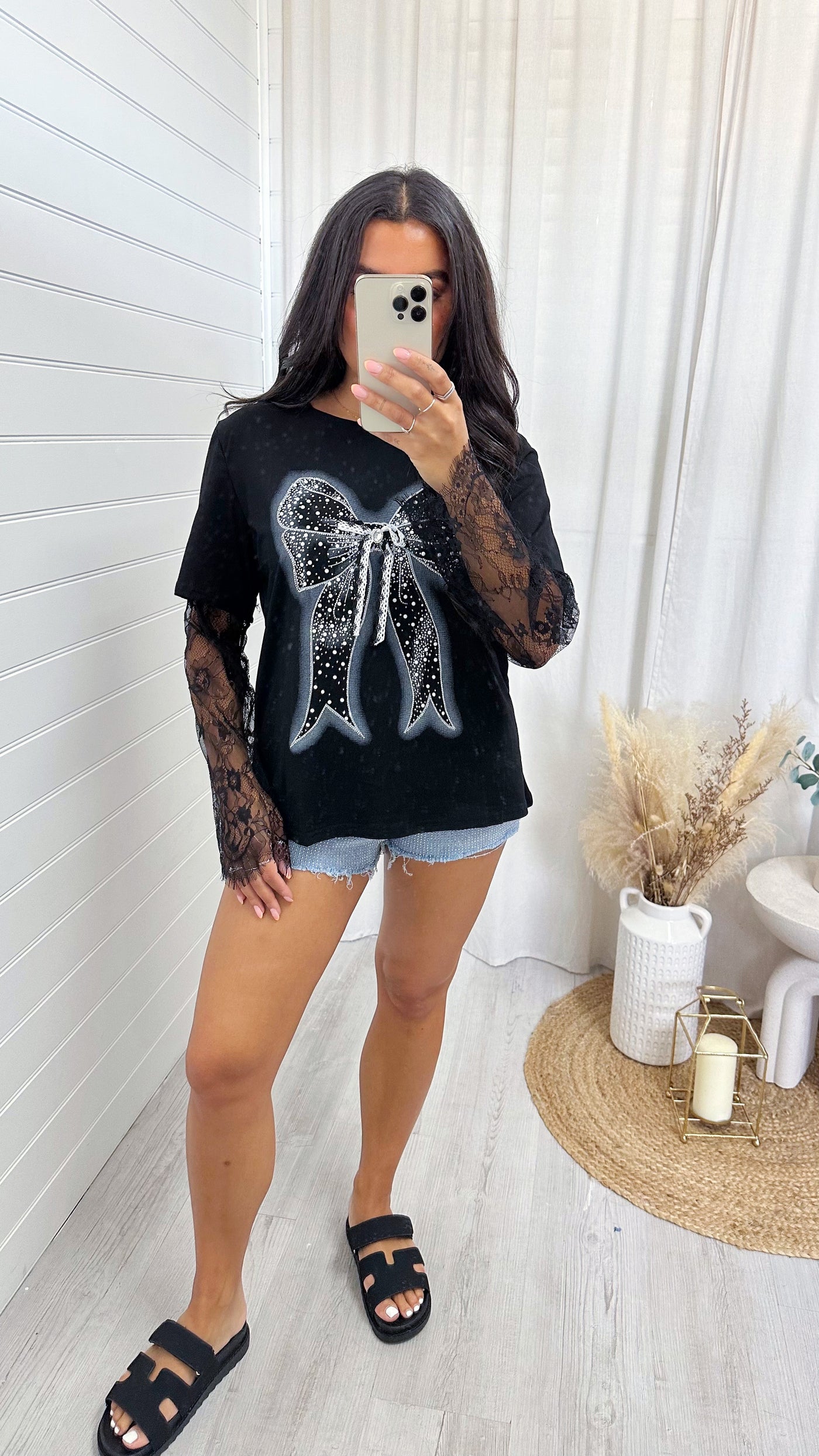 Lace Sleeve Rhinestone Bow T-Shirt - BLACK