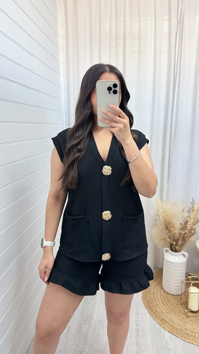 Gold Button Cheesecloth Waistcoat and Shorts Co-Ord - BLACK