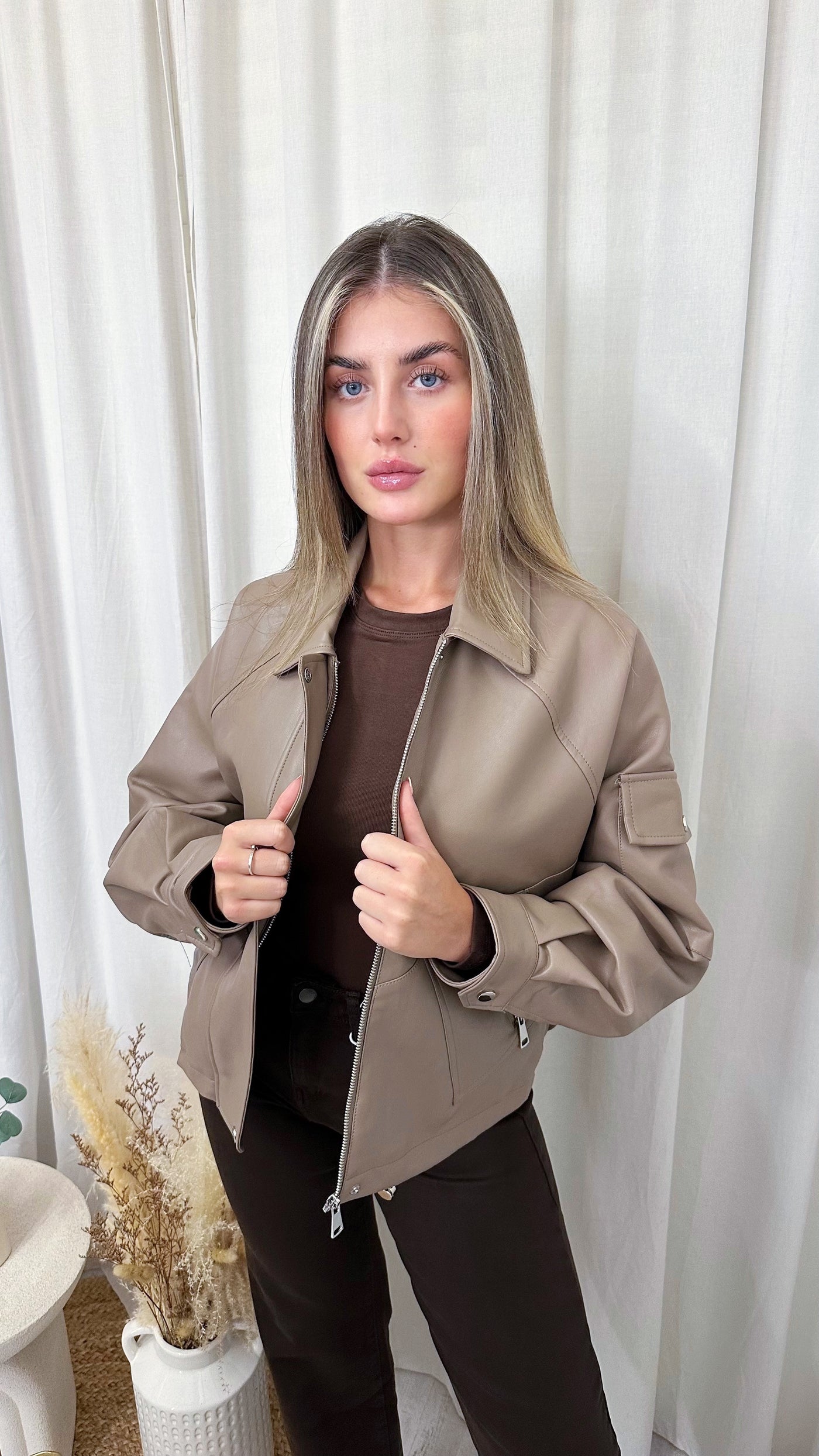 PU Cargo Pocket Bomber Jacket - TAUPE