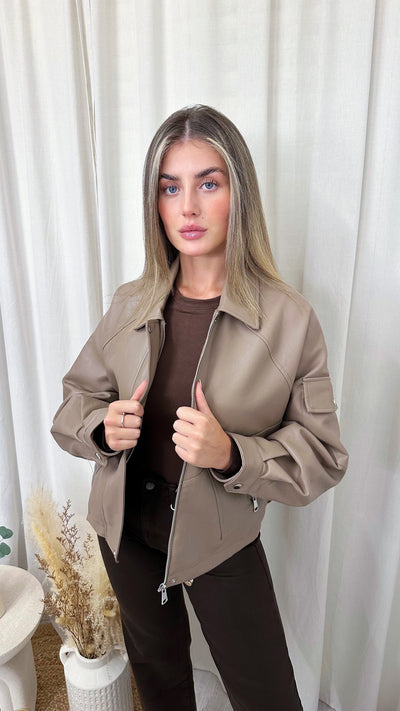 PU Cargo Pocket Bomber Jacket - TAUPE