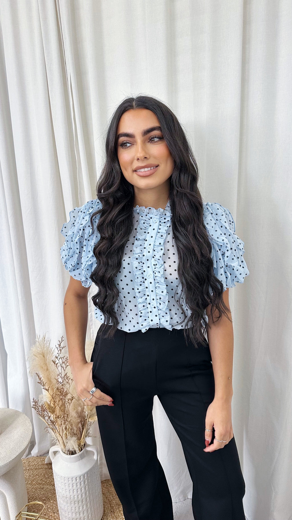 Frilly Sheer Polka Blouse - BLUE