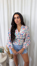 Botanical Wrap Over Crop Blouse - WHITE/MULTI