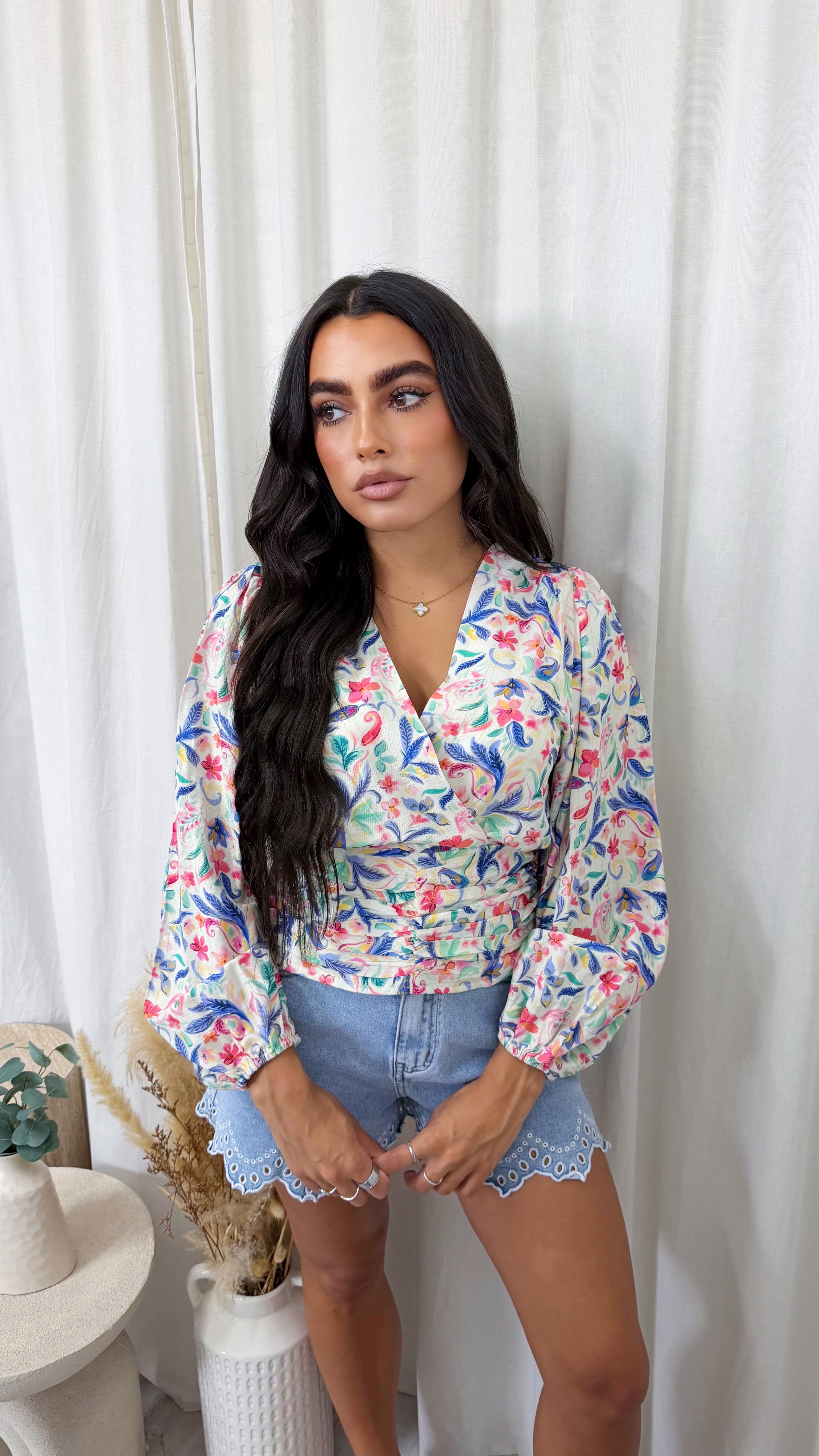 Botanical Wrap Over Crop Blouse - WHITE/MULTI