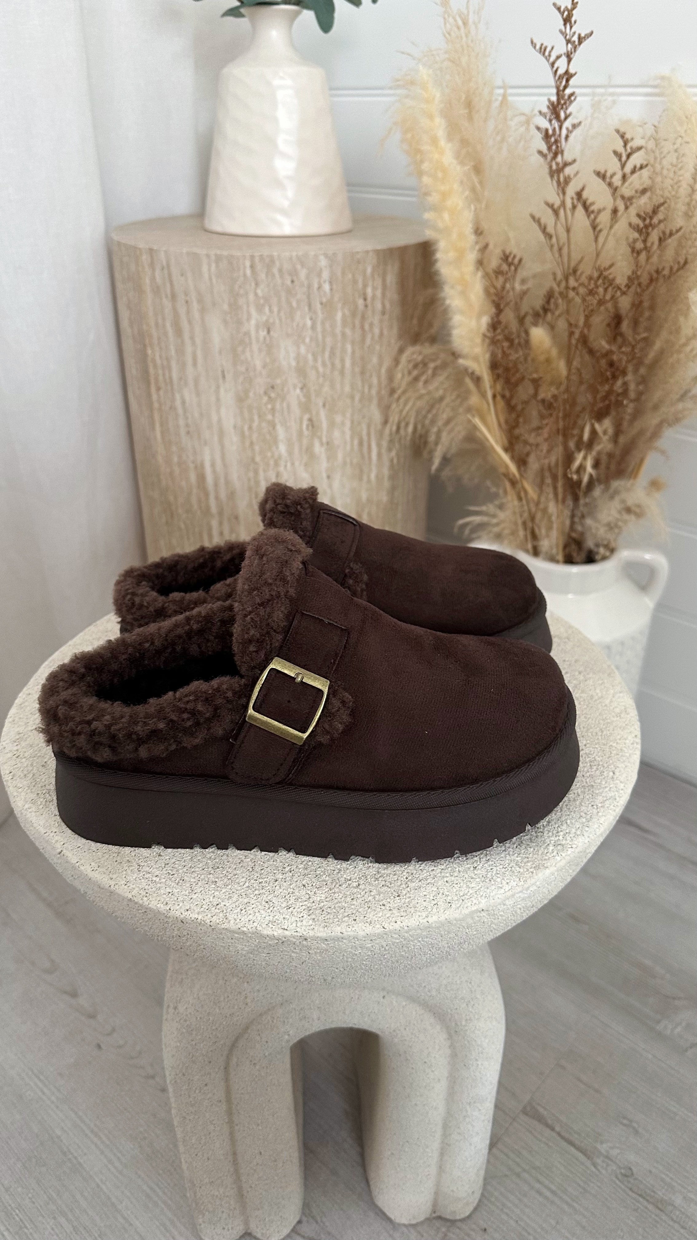 Suede Buckle Strap Platform Slippers - BROWN