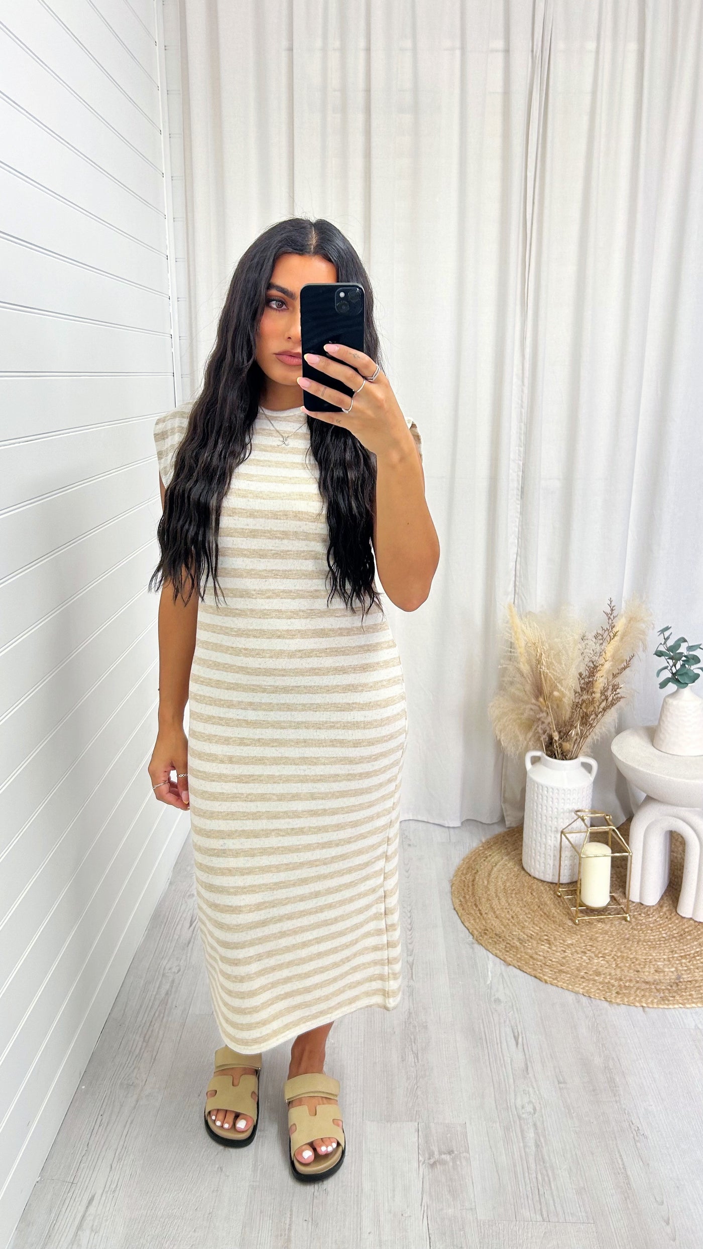 Soft Ribbed Sleeveless Midi Dress - BEIGE STRIPE