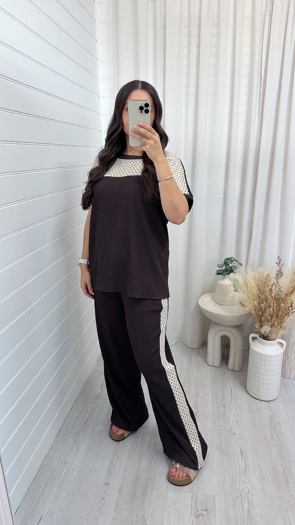 Metallic Mesh T-Shirt and Trouser Co-Ord - DARK BROWN