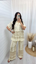Gold Sparkle Embroidered Shirt and Trousers Co-Ord - CREAM