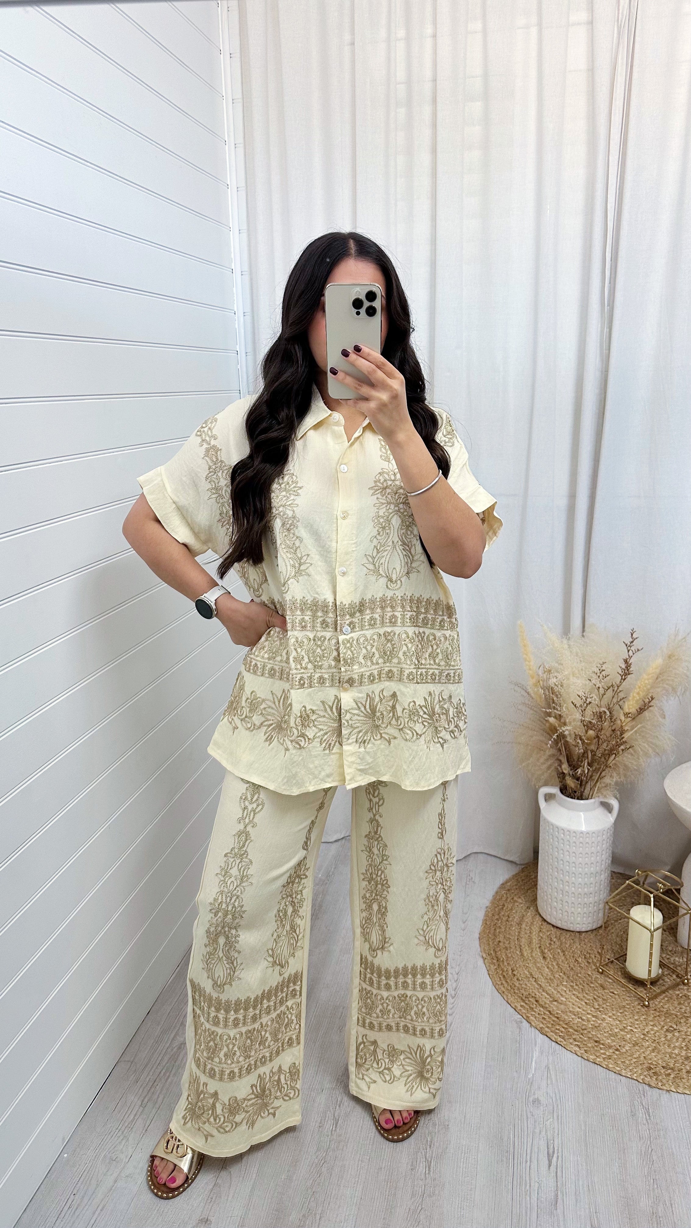 Gold Sparkle Embroidered Shirt and Trousers Co-Ord - CREAM