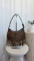 Suede Fringe Shoulder Bag - TAUPE