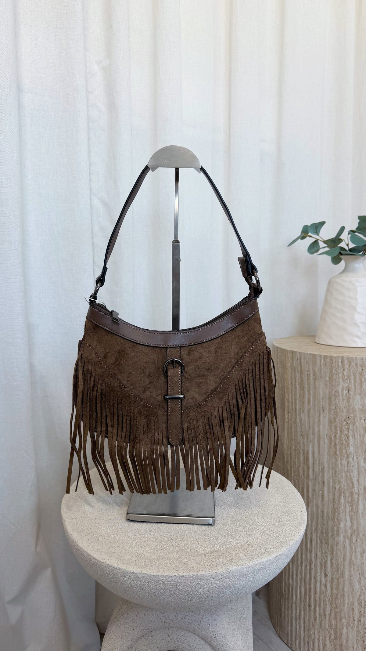Suede Fringe Shoulder Bag - TAUPE