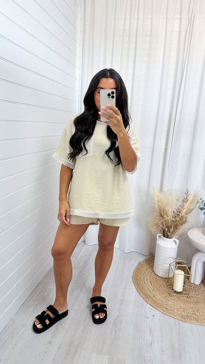 Crochet Pocket T-Shirt and Shorts Co-Ord - BEIGE