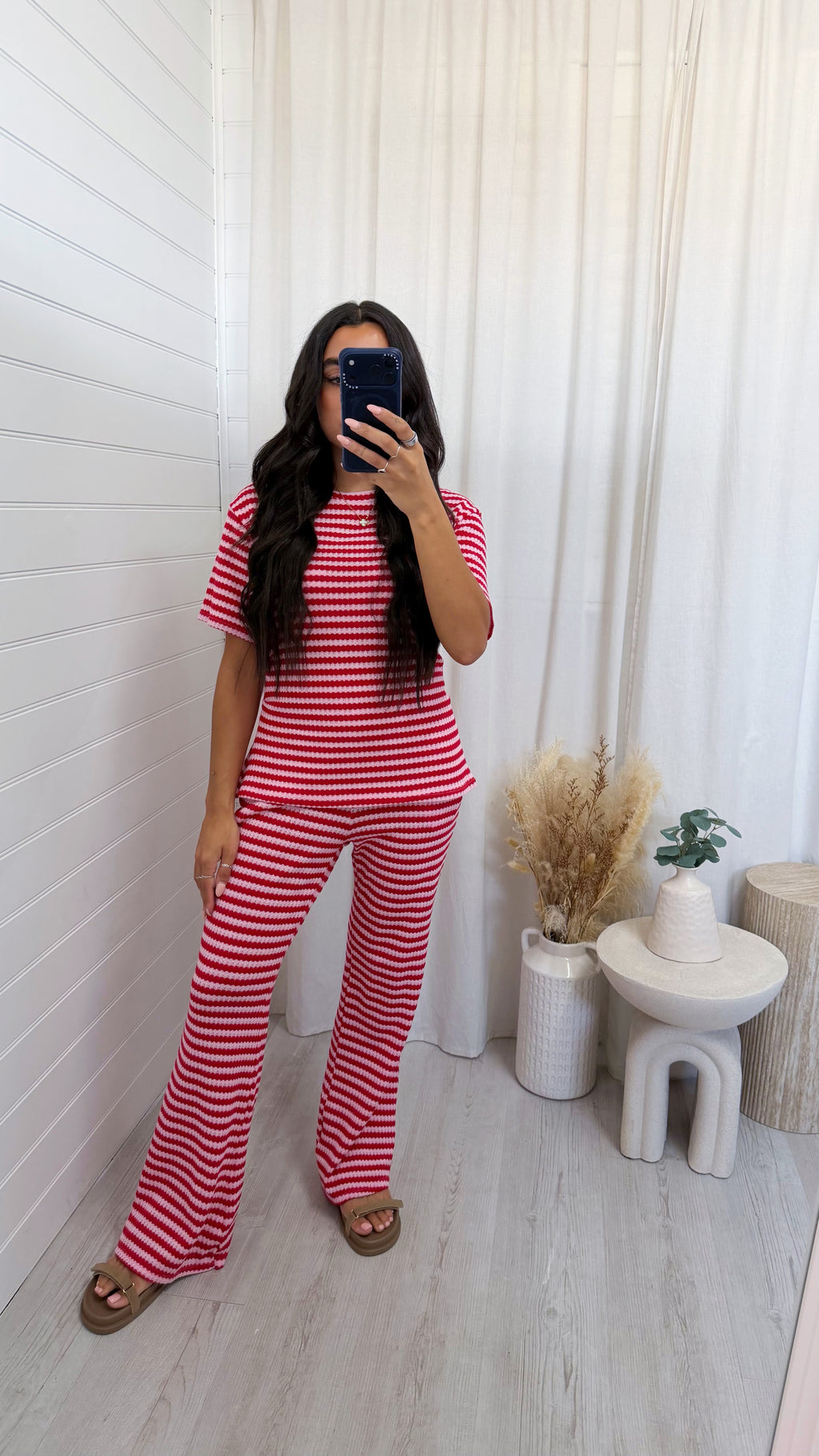 Stripey Knit T-Shirt and Flares Co-Ord - RED/PINK
