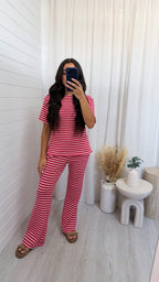 Stripey Knit T-Shirt and Flares Co-Ord - RED/PINK