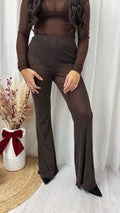Rhinestone Mesh Flare Trousers - BROWN