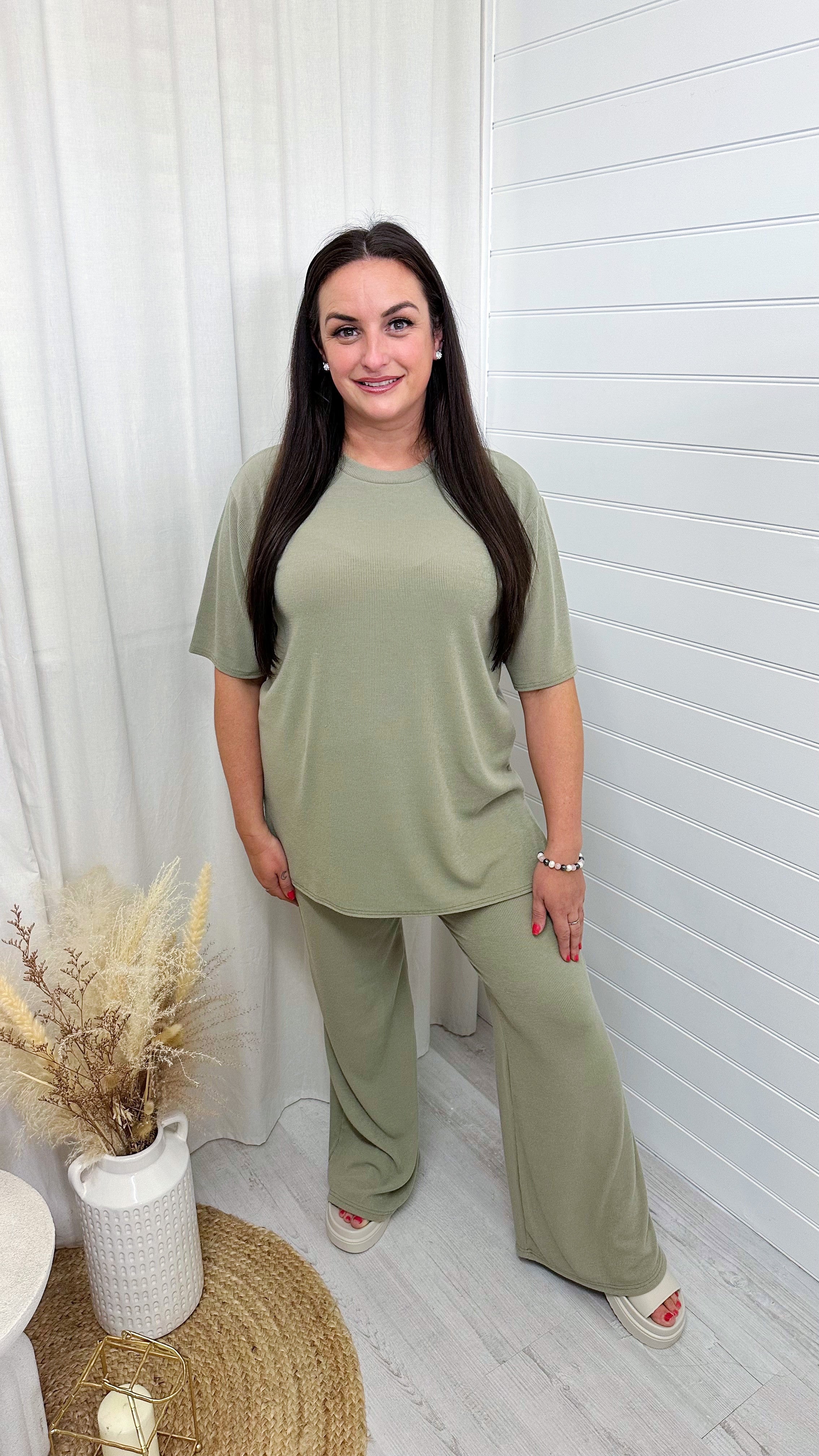 PLUS Soft Premium Ribbed T-Shirt and Straight Leg Trousers Co-Ord - SAGE
