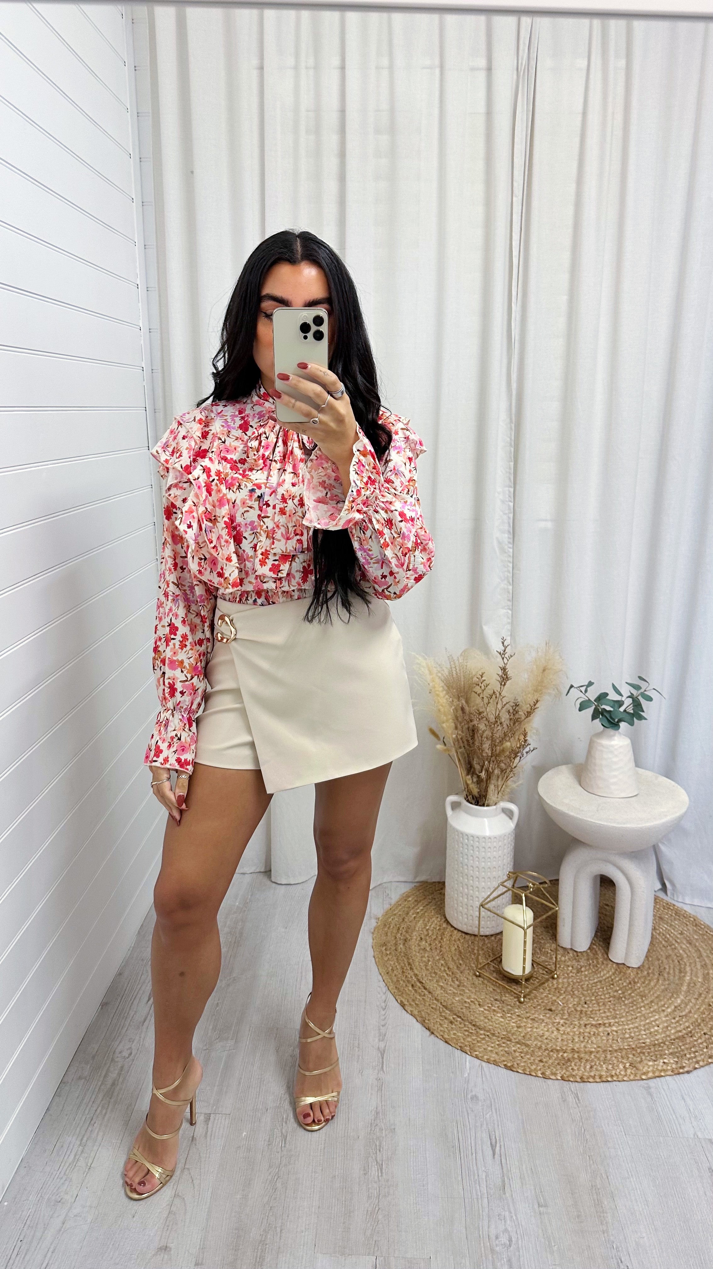 Gold Clasp Wrap Over Skort - BEIGE