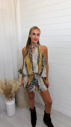 Rope Collar Reptile Print Playsuit - MUSTARD