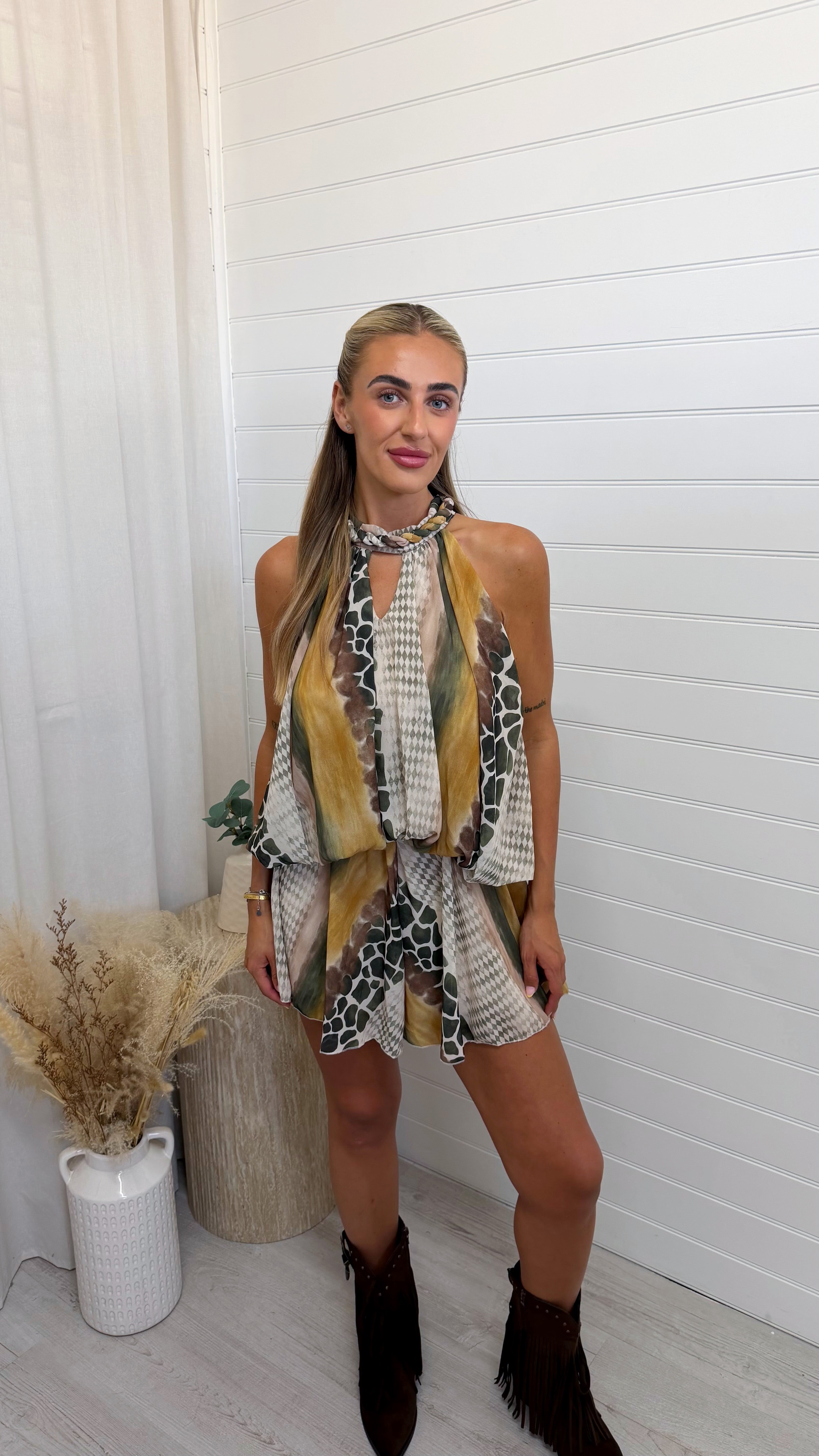 Rope Collar Reptile Print Playsuit - MUSTARD