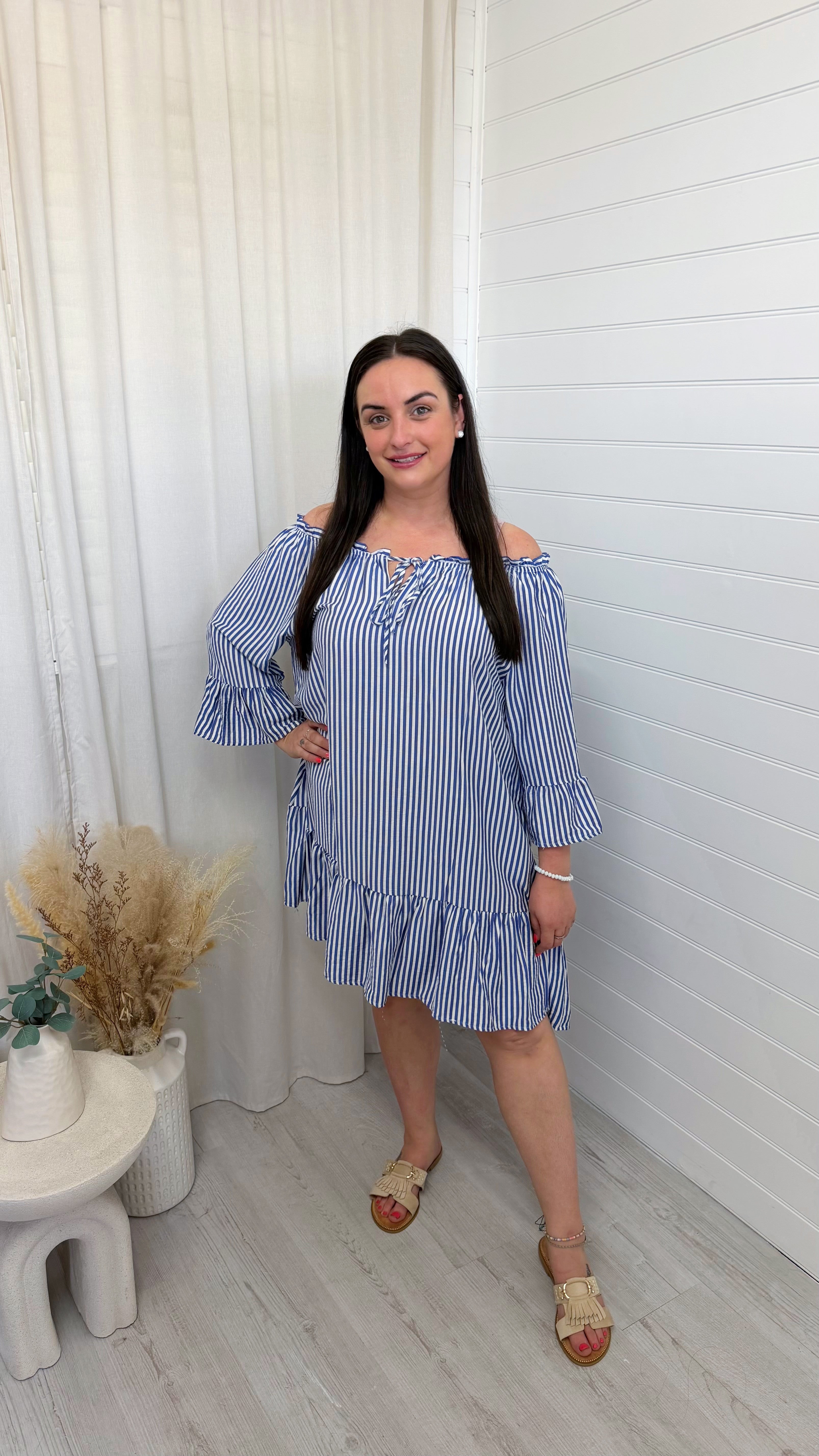 Bardot Pinstripe Summer Dress - DENIM BLUE