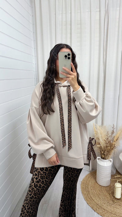 Leopard Print Ribbon Side Slit Hoodie - BEIGE
