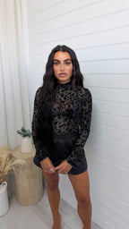 Leopard Print Mesh Body Suit - BLACK