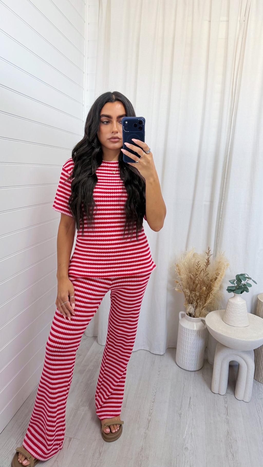 Stripey Knit T-Shirt and Flares Co-Ord - RED/PINK