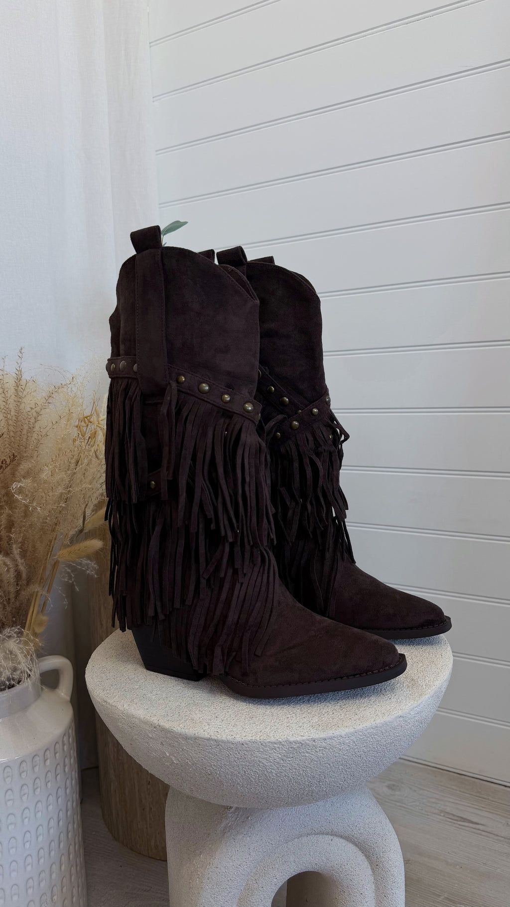 Calf Length Tassel Cowboy Boots - BROWN