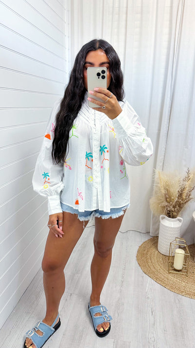 Palm Tree Embroidered Shirt - WHITE