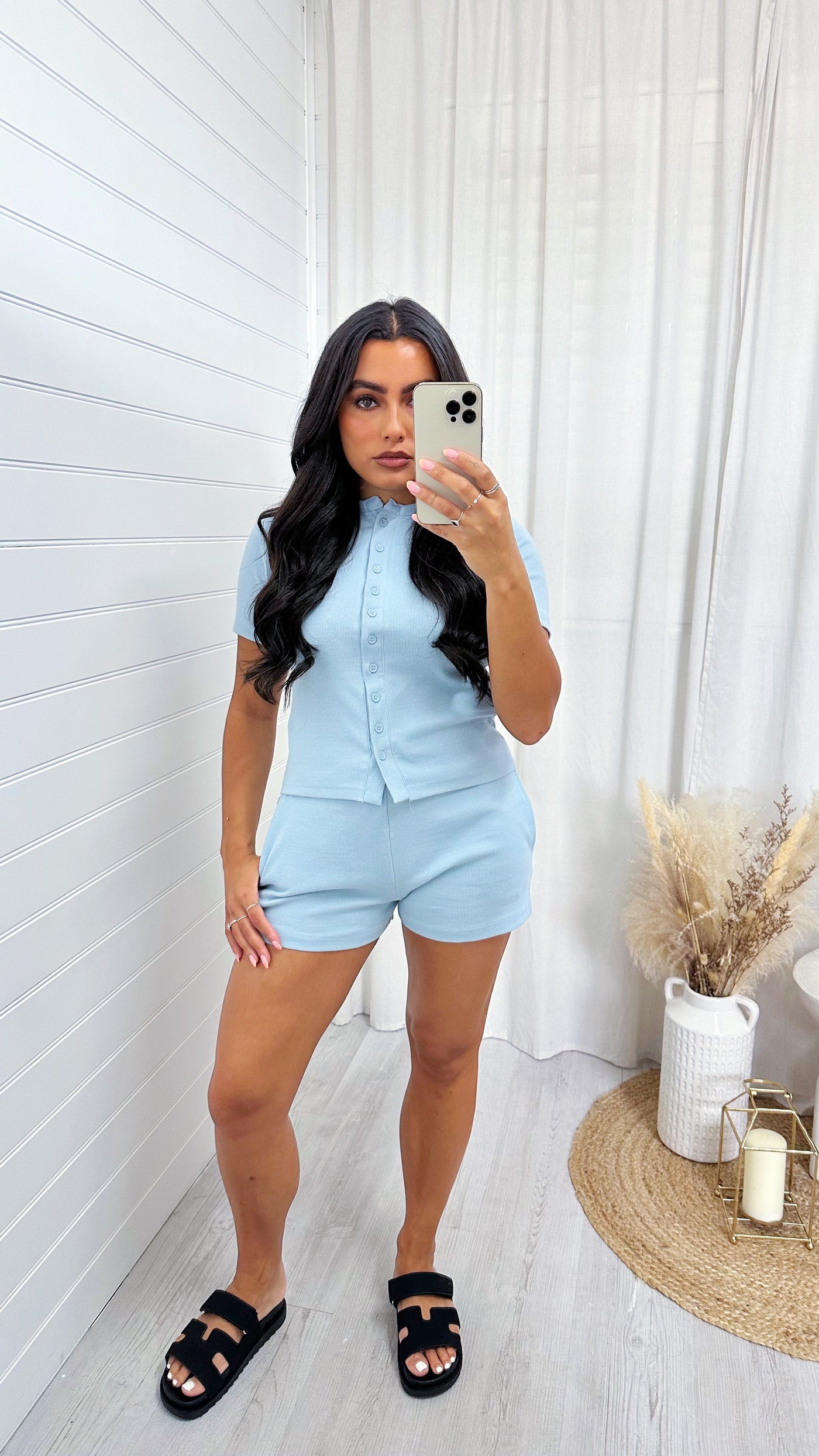 Ribbed Button Crop Top and Shorts Co-Ord - BLUE