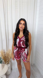Swirly Shimmer Vest Top and Shorts Co-Ord - BURGUNDY
