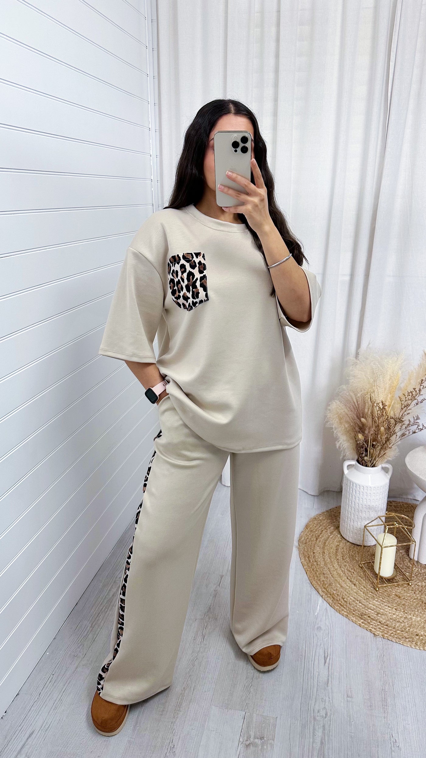 Leopard Print Pocket T-Shirt and Trousers Co-Ord - LIGHT BEIGE