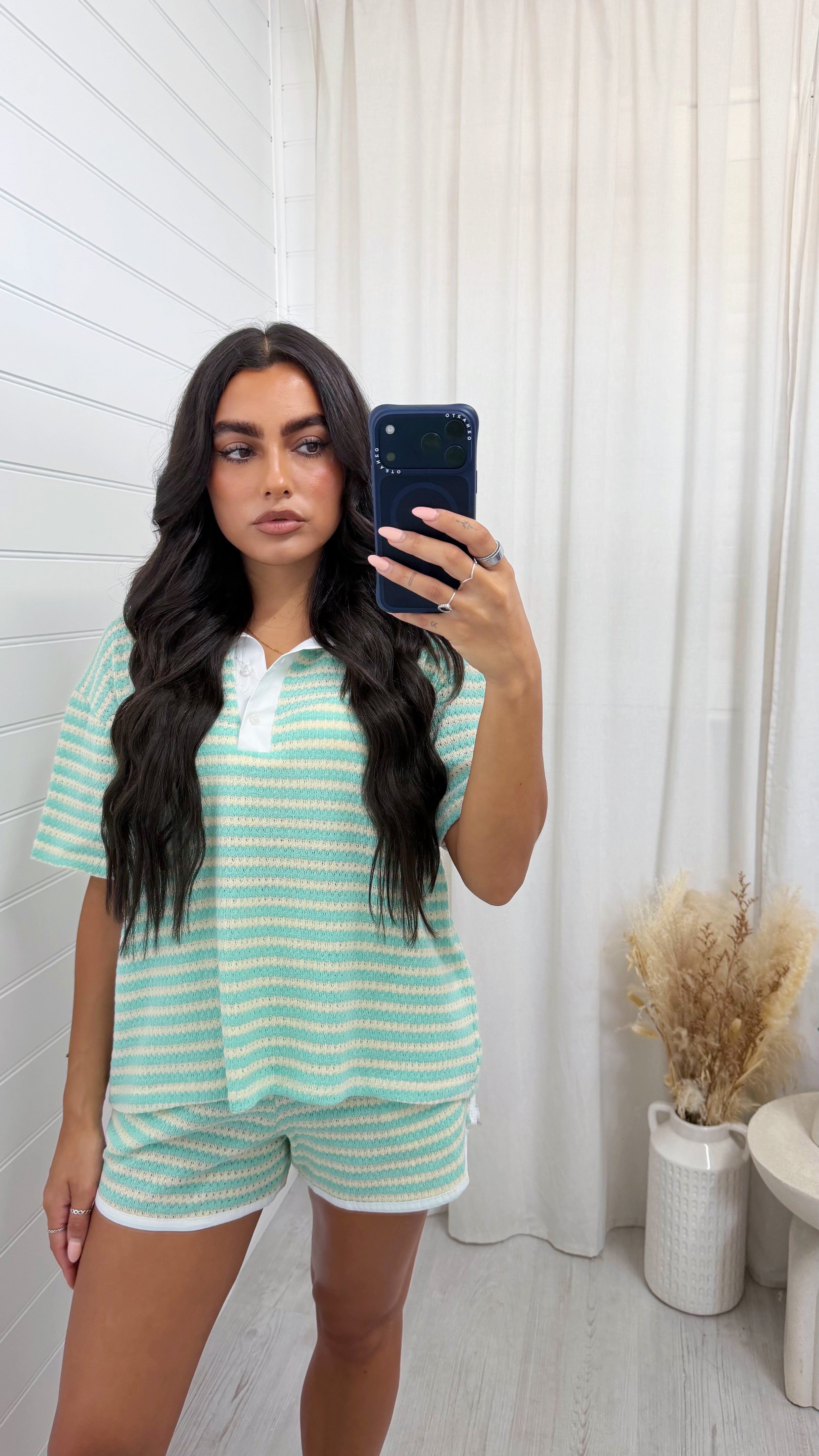 Crochet Stripe Collared Shirt and Shorts - TURQUOISE