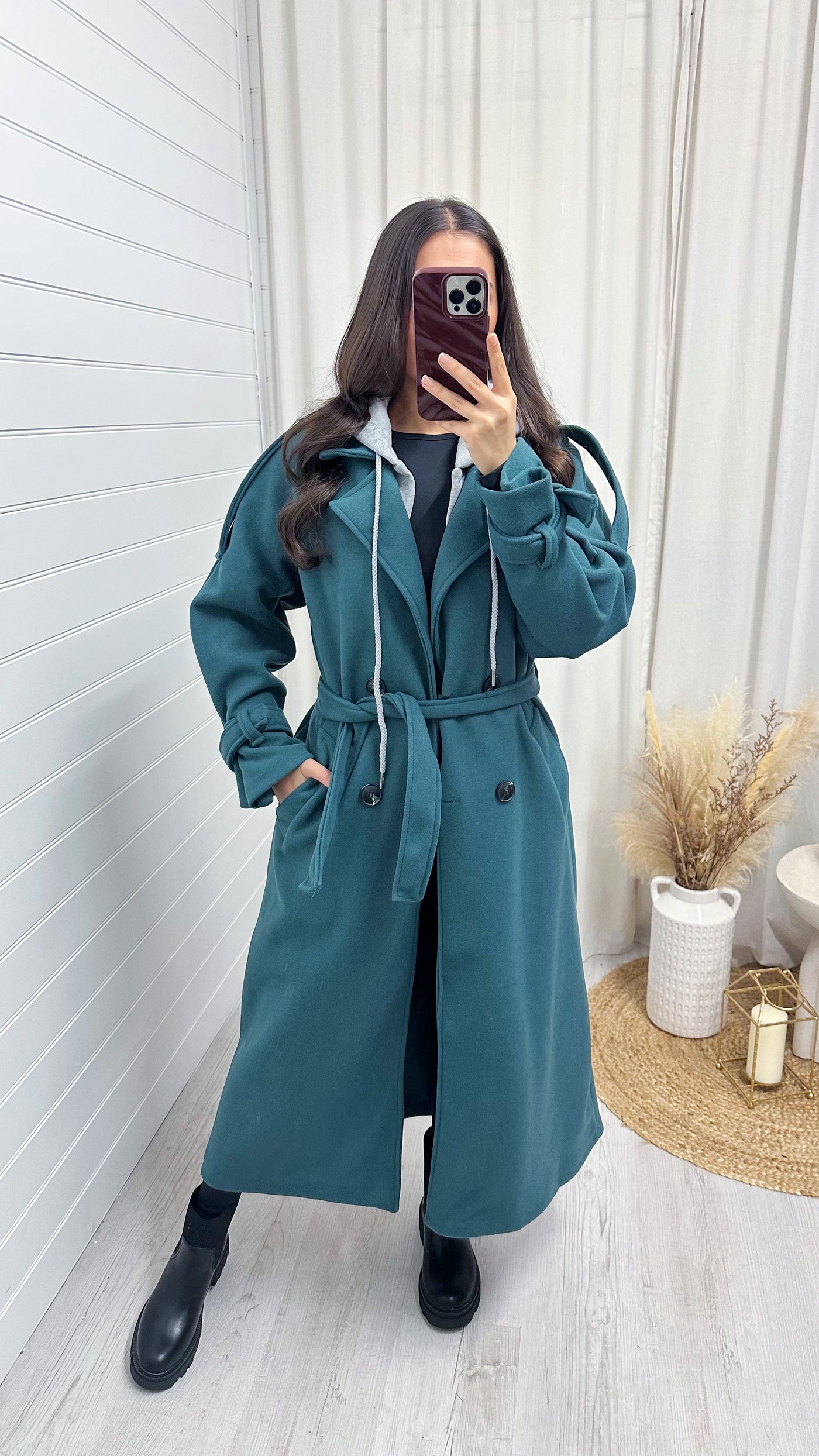 Belted Straight Fit Woollen Insert Mac - TEAL